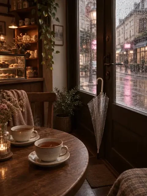 《下雨天》短剧封面,雨滴滑落的小店窗边与门口的透明伞