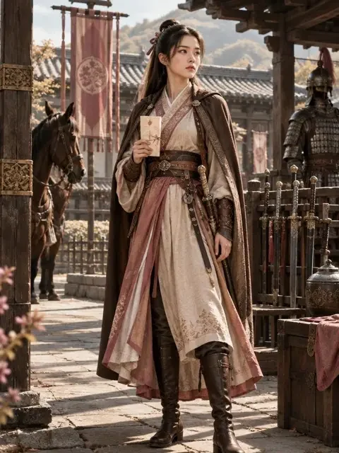 《夫人她专治不服3之将门捉婿》短剧封面，摆着兵器的将门庭院与持信的女子