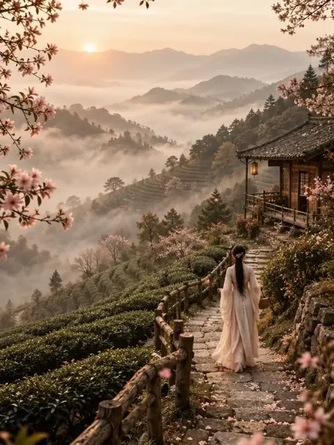《她栖春山》短剧封面，晨雾中的茶山与石径上的汉服身影