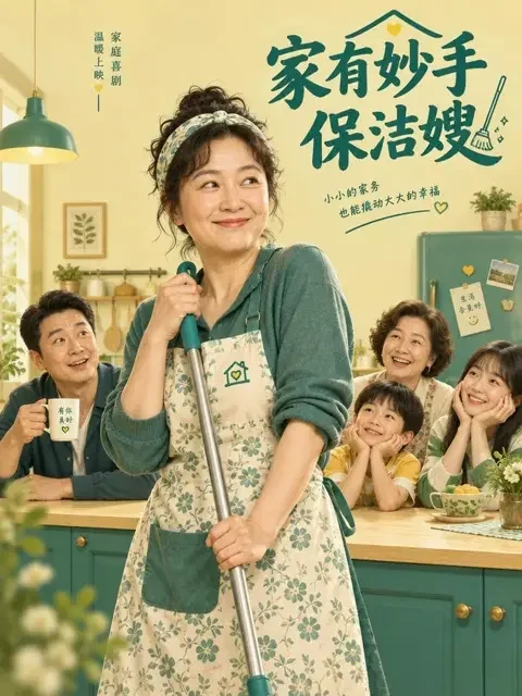 《王妈在顾家当保姆后全家只会搞笑了》短剧封面，保姆在厨房端出热菜的温馨家庭场景